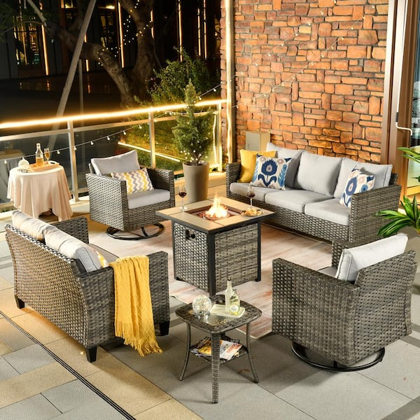 XIZZI Michigan 6-Piece Wicker Outdoor Patio Fire Pit Seating Sofa Set and with Gray Cushions and Swivel Rocking Chairs
