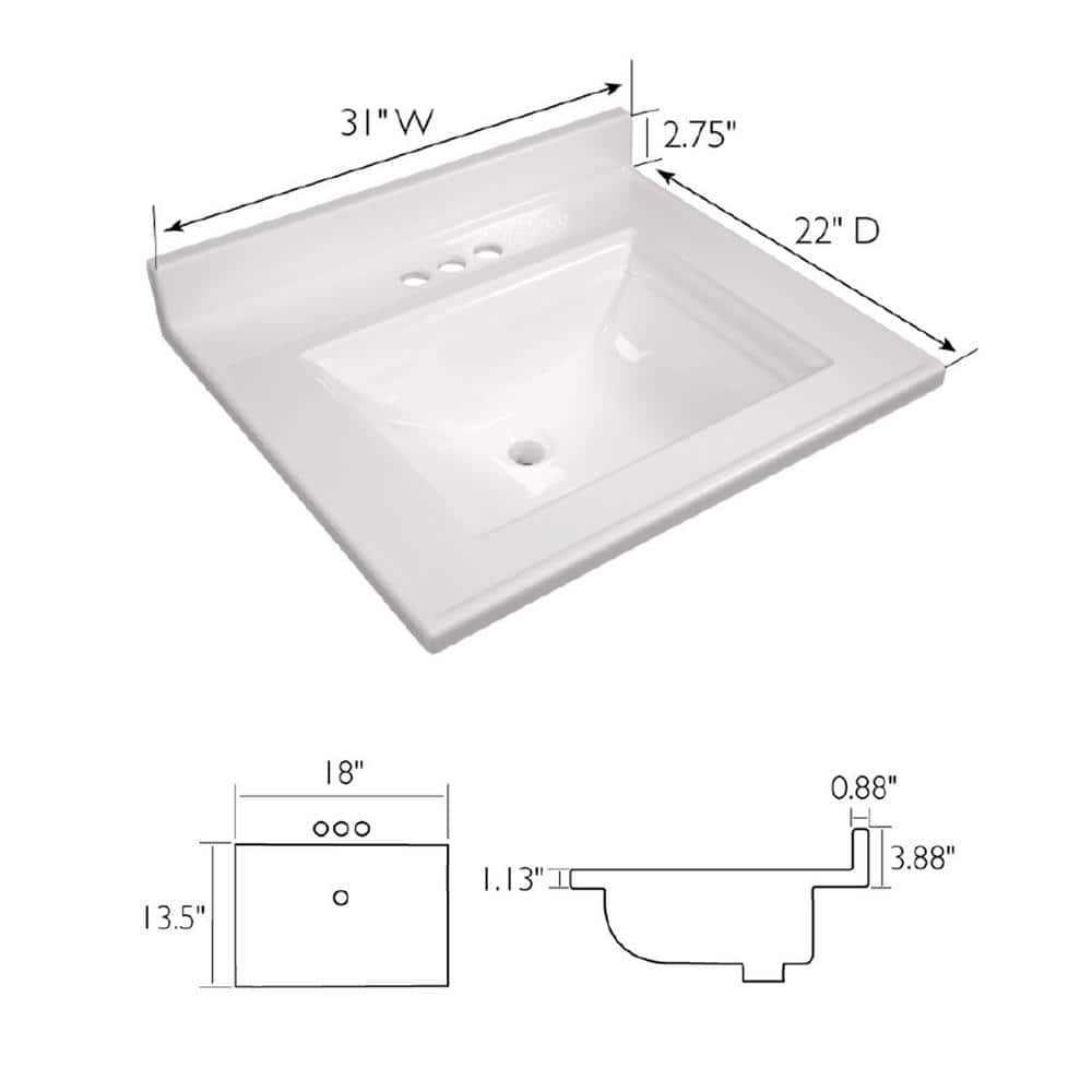 Camilla 25-Inch White Cultured Marble Vanity Top with Backsplash