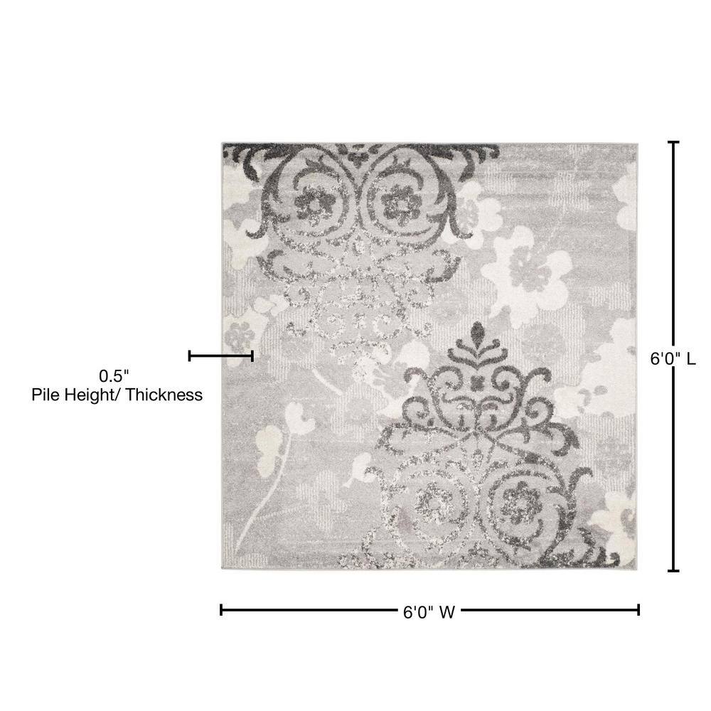 Elegant Silver/Ivory Floral 6' Square Synthetic Reversible Rug