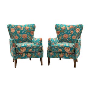Leonhard Teal Floral Fabric Pattern Wingback Design Armchair with English Arms Set of 2