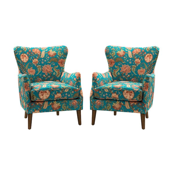 JAYDEN CREATION Leonhard Teal Floral Fabric Pattern Wingback