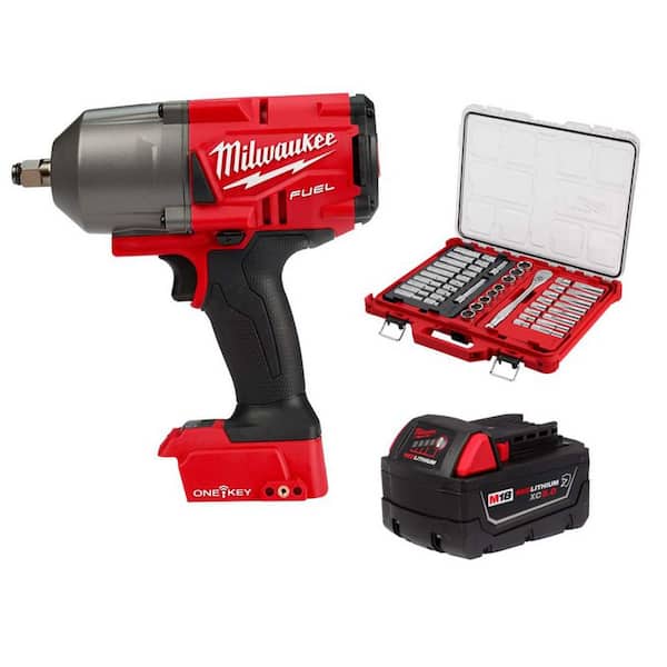 M18 FUEL ONE-KEY 18V Lith-Ion Brushless Cordless 1/2 in. Impact Wrench w/ 5.0 Ah Battery & Mechanics Ratchet/Socket Set