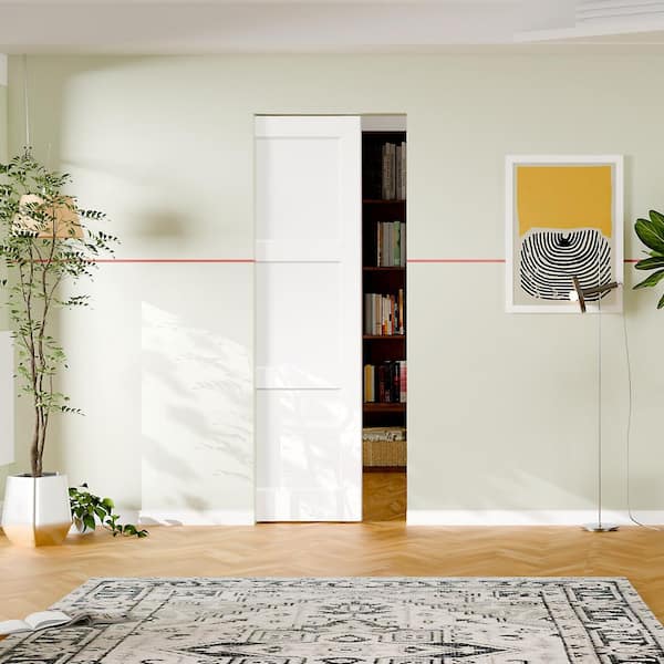 24 in. x 80 in. White Primed 3-Panel Core Pine Wood Sliding Pocket Door with Soft Close, Frame and Hardware Kit Set