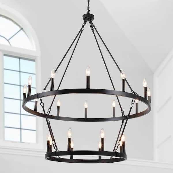 Wiam 40 in. 20 Light Black 2-Tiers Candle Style Dimmable Farmhouse Wagon Wheel Chandelier for Entryway Living Room Foyer