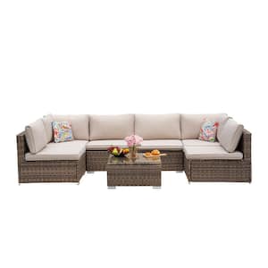 Modern 7-Piece Wicker Outdoor Patio Conversation Sectional Set with Beige Cushions
