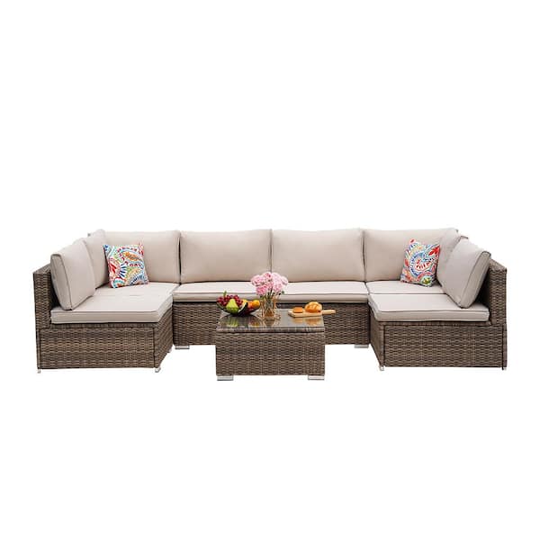 Unbranded Modern 7-Piece Wicker Outdoor Patio Conversation Sectional Set with Beige Cushions