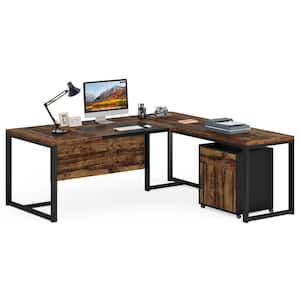 Capen 70.87 in. L-Shaped Brown&Black Wood Executive Desk with Drawer Storage Cabinet, Computer Desk with File Cabinet