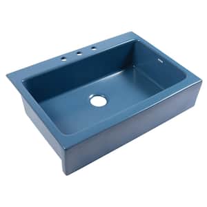 Josephine 34 in. 3-Hole Quick-Fit Drop-In Farmhouse Single Bowl Matte Blue Fireclay Kitchen Sink