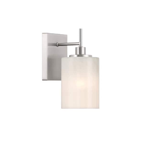 Meridian 4.75 in. W x 9.75 in. H 1-Light Brushed Nickel Modern Wall Sconce with Strie Glass Shade