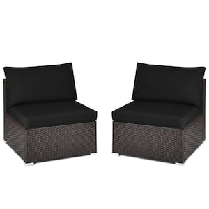2-Pieces Wicker Outdoor Patio Sectional Armless Sofas Rattan Furniture Set with Black Cushions