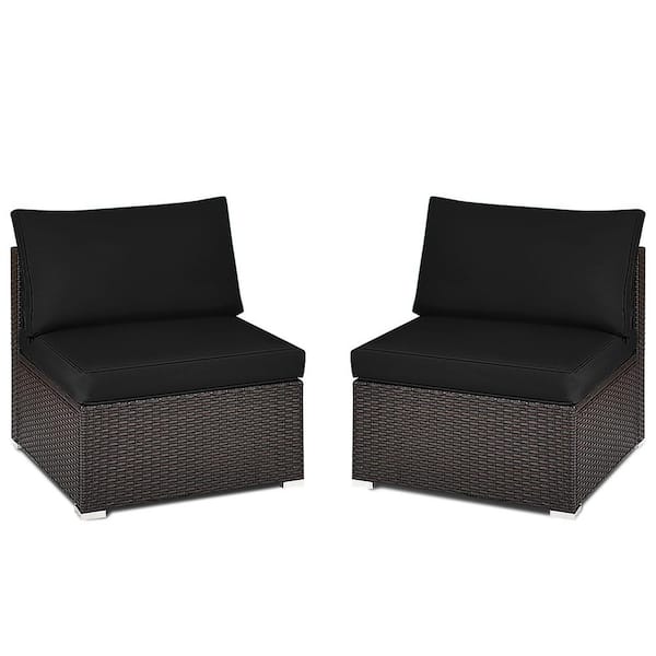Gymax 2-Pieces Wicker Outdoor Patio Sectional Armless Sofas Rattan Furniture Set with Black Cushions
