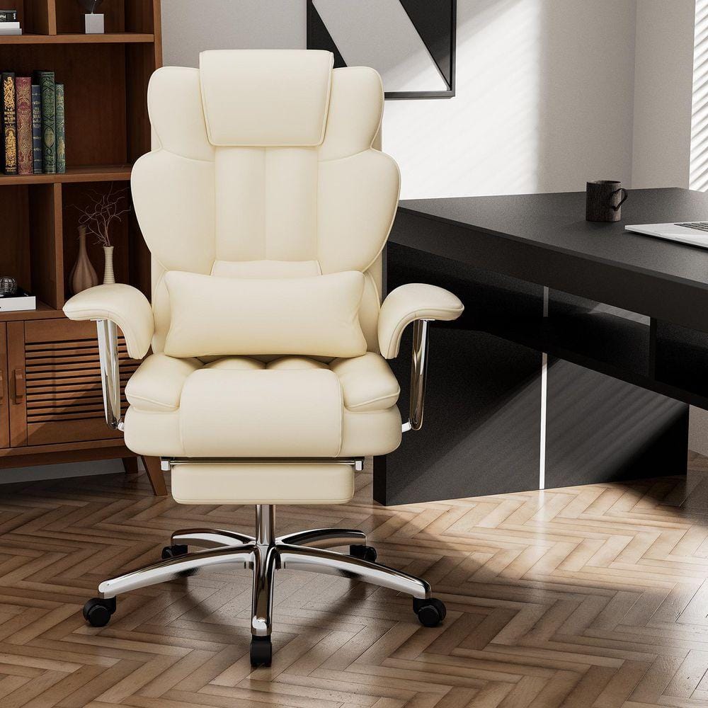 Leather Swivel Ergonomic Executive Office Chair High Back Reclining Computer Chair with Lumbar Pillow Footrest in Beige - Thumbnail 4