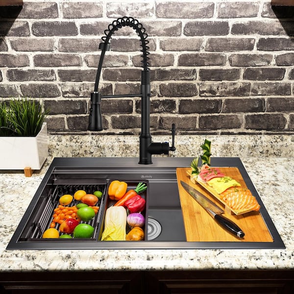 All-in-One Matte Black Finished Stainless Steel 33 in. x 22 in. Single Bowl Drop-in Kitchen Sink with Spring Neck Faucet