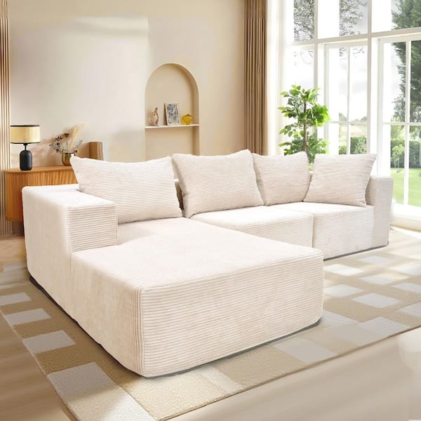 107.48 in. 3-piece Corduroy Fabric L-Shape Modular Boneless Sectional Sofa, Deep Seat Cloud Couch with Chaise in. Beige