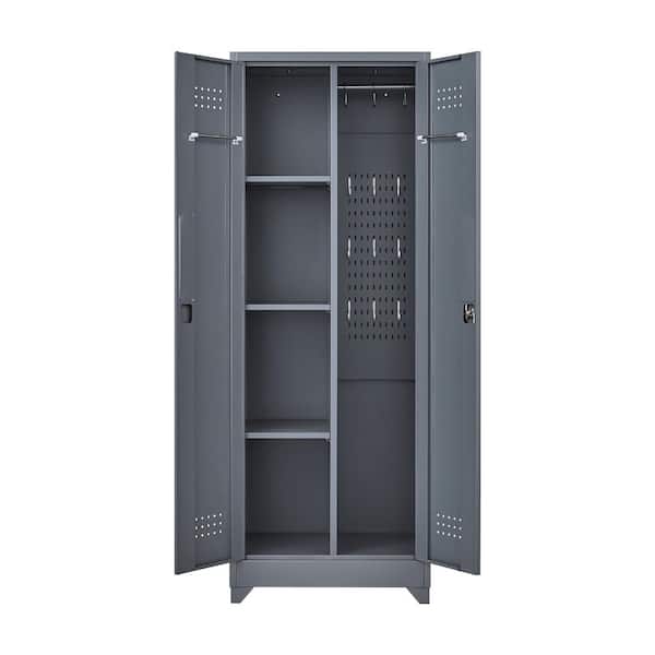 Gray 65" H Metal Garage Storage Cabinets with Doors & Shelves, Broom Storage Cabinets with Hanging Rod, Tool Cabinet