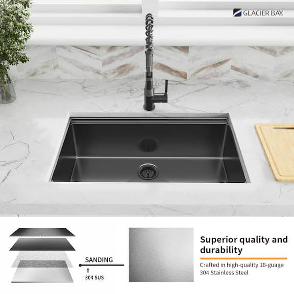 32 in. Undermount Single Bowl 18 Gauge Gunmetal Black Stainless Steel  Workstation Kitchen Sink