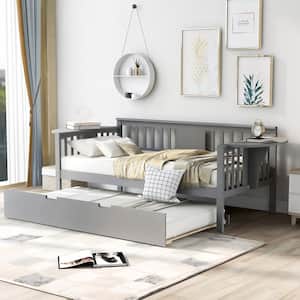 Gray Twin Size Wooden Daybed with Trundle and 2 Small Tables