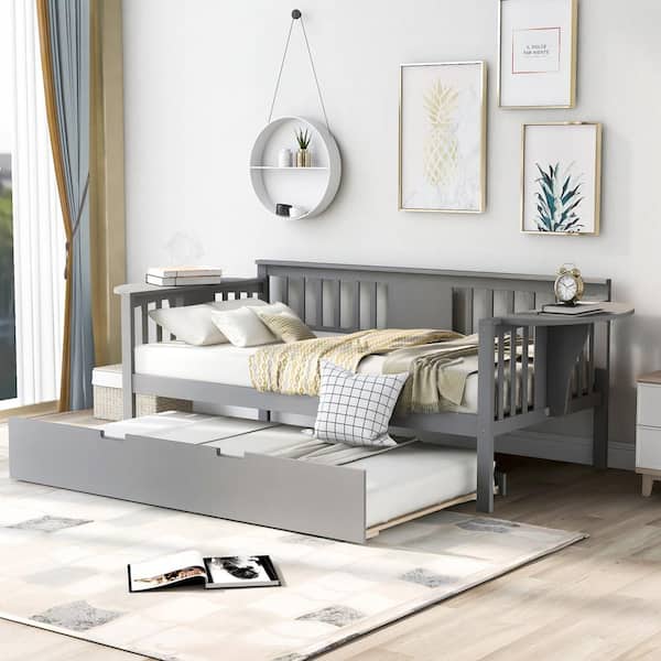 Harper & Bright Designs Gray Twin Size Wooden Daybed with Trundle and 2 Small Tables