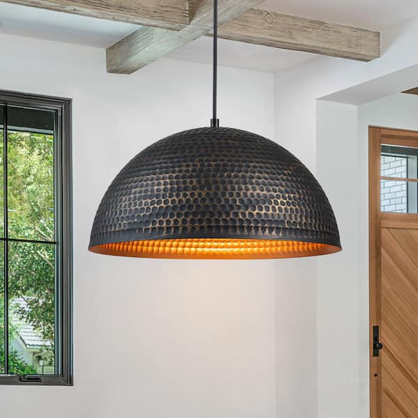 Detroit 15.75 in. 1-Light Hammered Black and Gold Farmhouse Dome Kitchen Island Pendant Light with Metal Shade