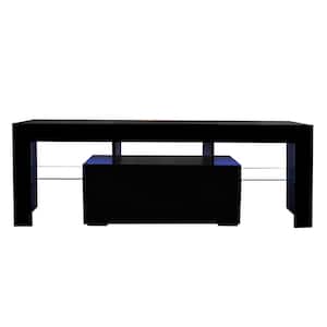 Modern Black TV Stand with LED Lights High Glossy TV Table with Glass Storage Shelves TV Console Fits TVs up to 55 in.