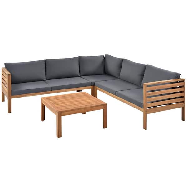 Afoxsos Exotic Design Brown 4-Piece Wood Outdoor Sectional Set with Gray Cushions, 2-Person Sofa, Corner Sofa and Coffee Table