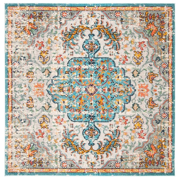 SAFAVIEH Madison Gray/Light Blue 5 ft. x 5 ft. Square Border Area Rug