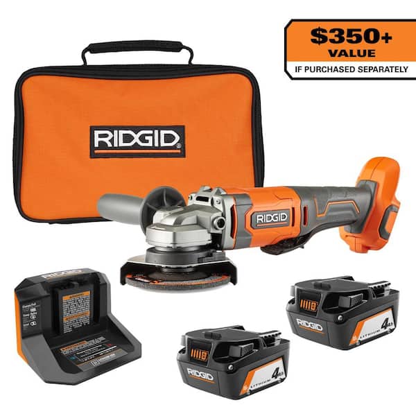 18V 4.0 Ah Battery (2-Pack) with Charger, Bag, and 18V 4-1/2 in. Cordless Angle Grinder