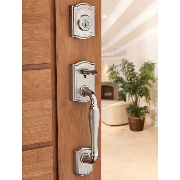 Prestige Wesley Single Cylinder Satin Nickel Door Handleset with Alcott Door Knob Featuring SmartKey Security