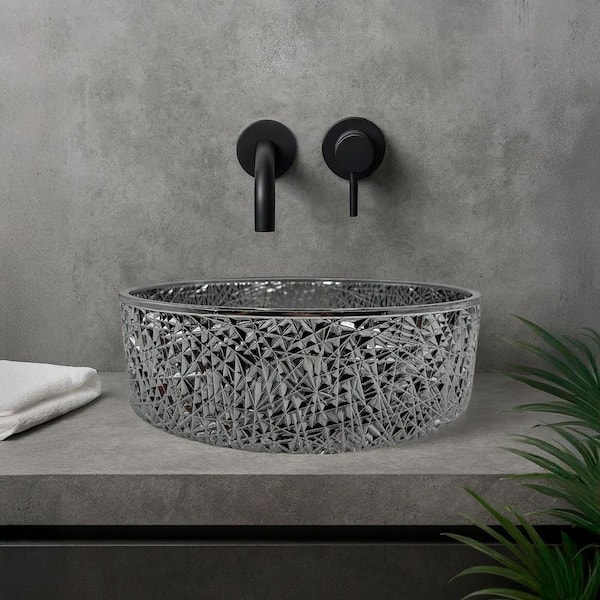 castellousa Scotch 14 in. Circular Bathroom Vessel Sink in Light Black Tempered Glass