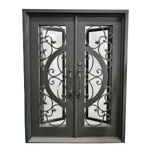 62 in. x 81 in. Matte Black Right-Hand Inswing Clear Iron Double Prehung Front Door
