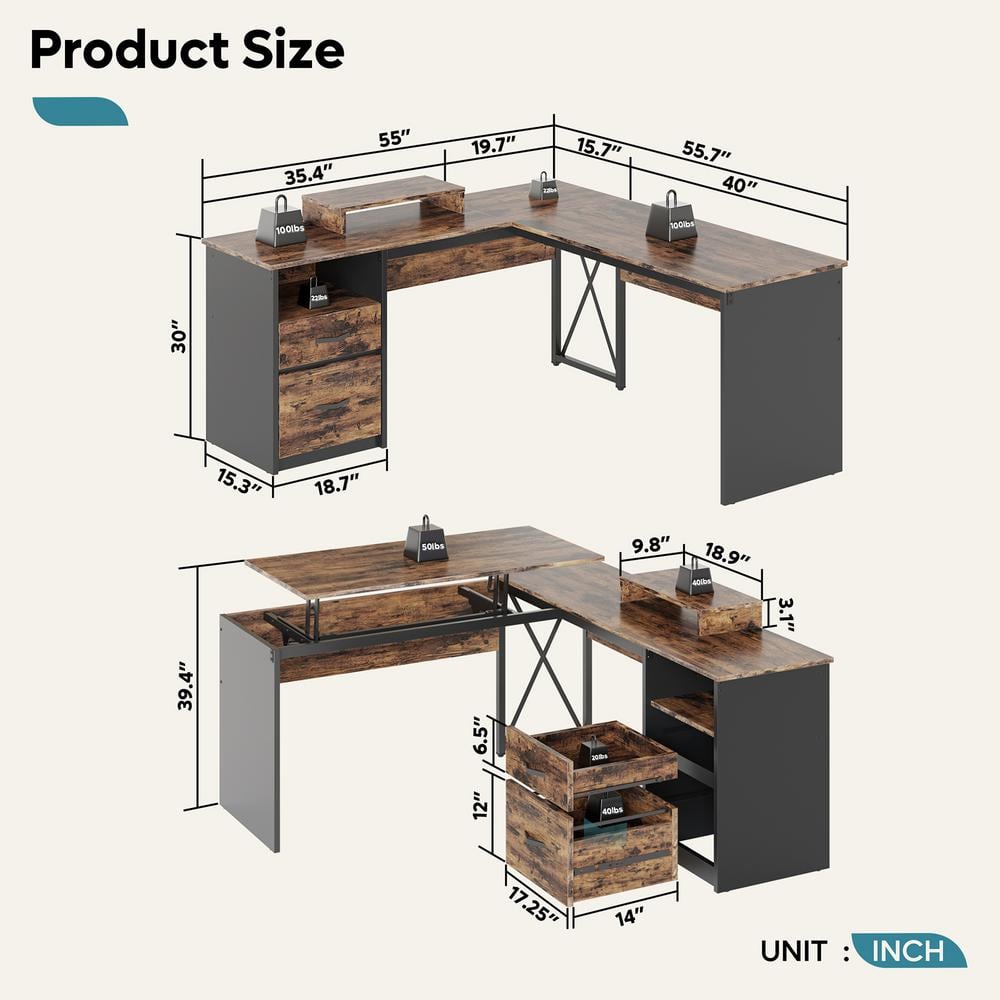 Rustic Brown L-Shaped Adjustable Height Desk with Filing Cabinet
