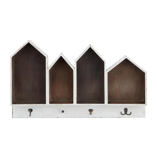 Litton Lane 33 in.  x 19 in. White 1 Shelf Wooden Wall Shelf with Hooks