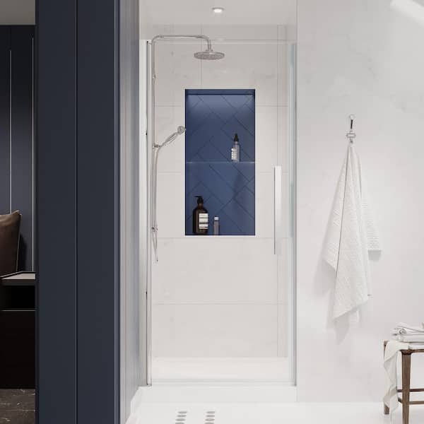 OVE Decors Pasadena 34 in. L x 32 in. W x 75 in. H Alcove Shower Kit with Pivot Frameless Shower Door in Chrome and Shower Pan