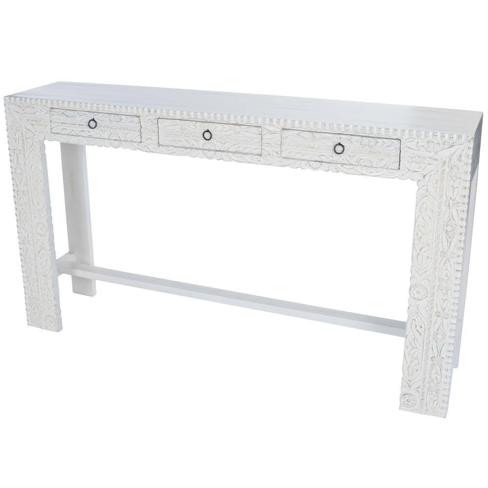 Light Mango Wood Carved Entryway Console Table with Storage