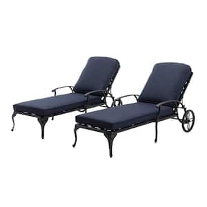 Antique Bronze 2-Piece Aluminum Adjustable Reclining Outdoor Chaise Lounge with Navy Blue Cushions Set of 2