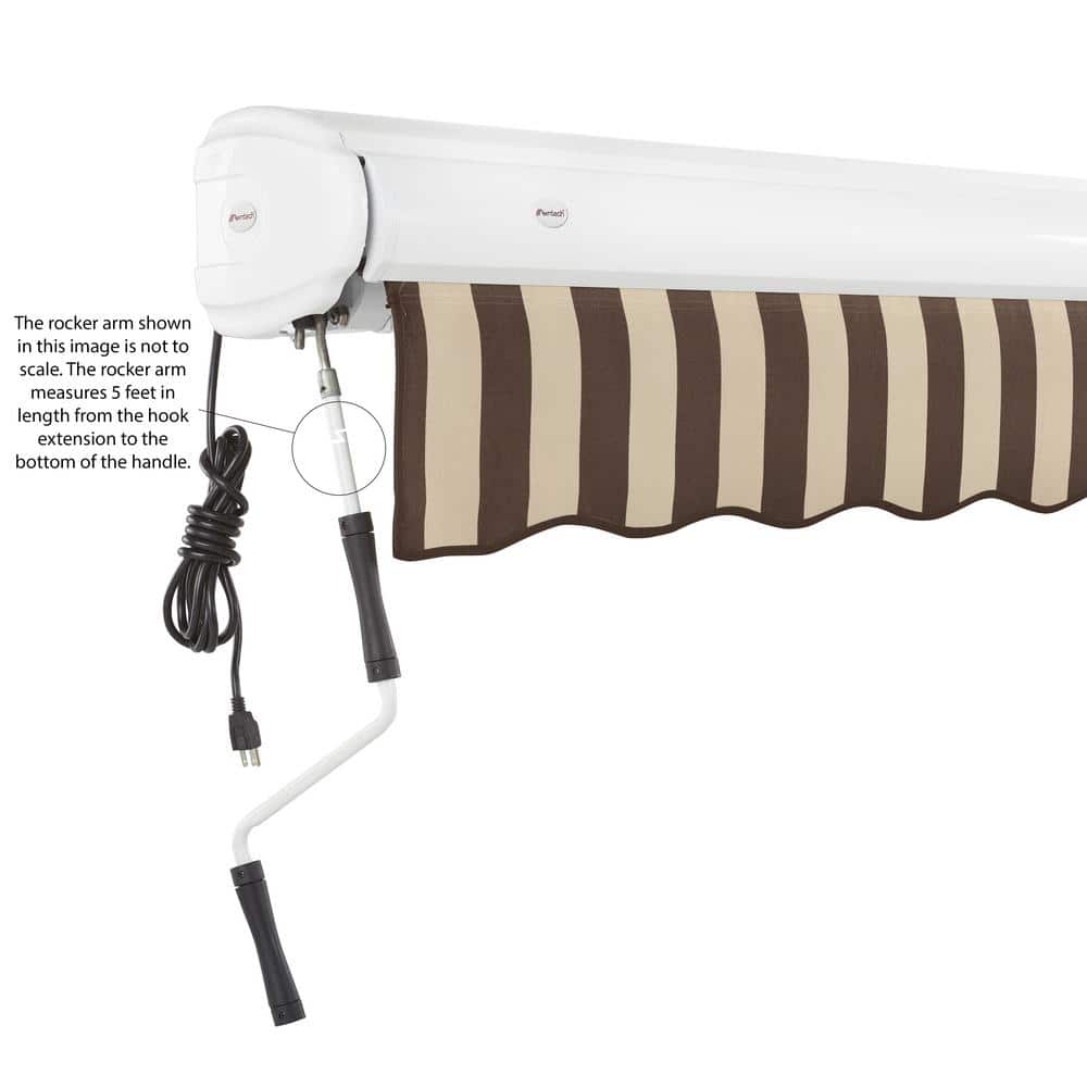 Brown and Tan Stripe Motorized Patio Retractable Awning with White Frame