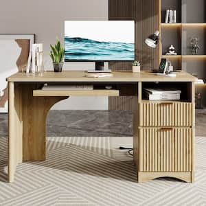 55 in. Natural Oak Fluted Computer Desk with Power Outlets, Keyboard Tray and 2-Storage Drawers