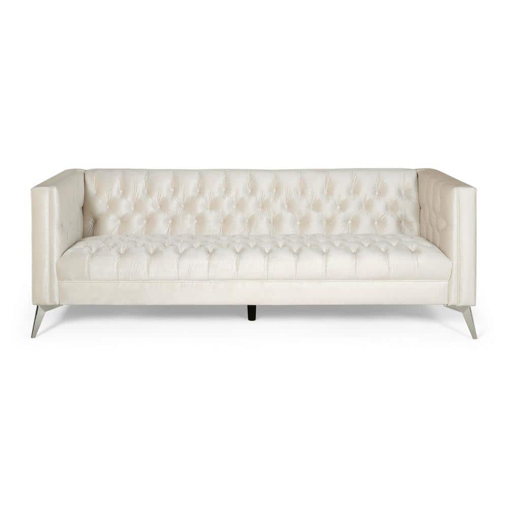 Beige Velvet Tufted Tuxedo 3-Seater Sofa with Wood Frame