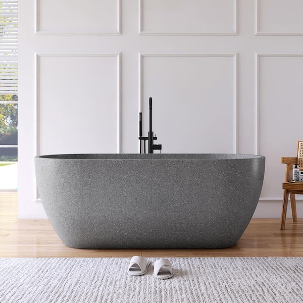 63 in. x 31 in. Terrazzo Stone Solid Surface Flatbottom Freestanding Soaking Bathtub in Gray (Outdoor-Compatible)