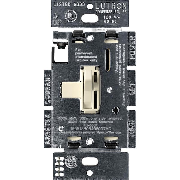 Lutron Toggler Dimmer Switch, 600-Watt Incandescent/Single-Pole, Light Almond (TG-600PH-LA)