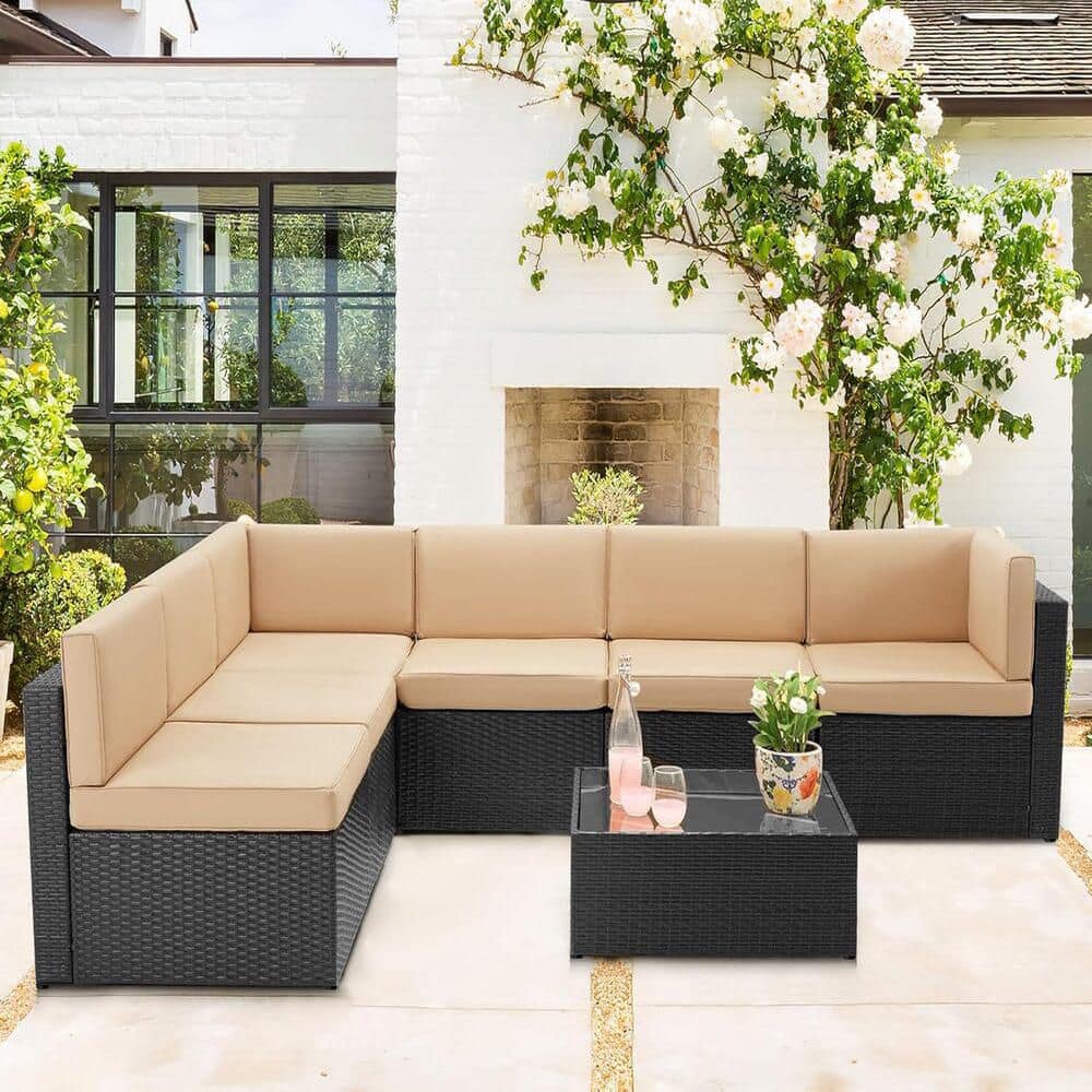 Black 7-Piece PE Rattan Wicker Patio Conversation Set with Beige Cushions and Coffee Table price history on PriceWatchPro