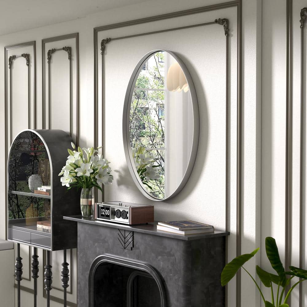Modern Polished Silver Oval Vanity Mirror with Stainless Steel Frame