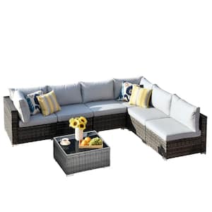 Gemini 7-Piece Wicker Outdoor Sectional Set with Light Gray Cushions