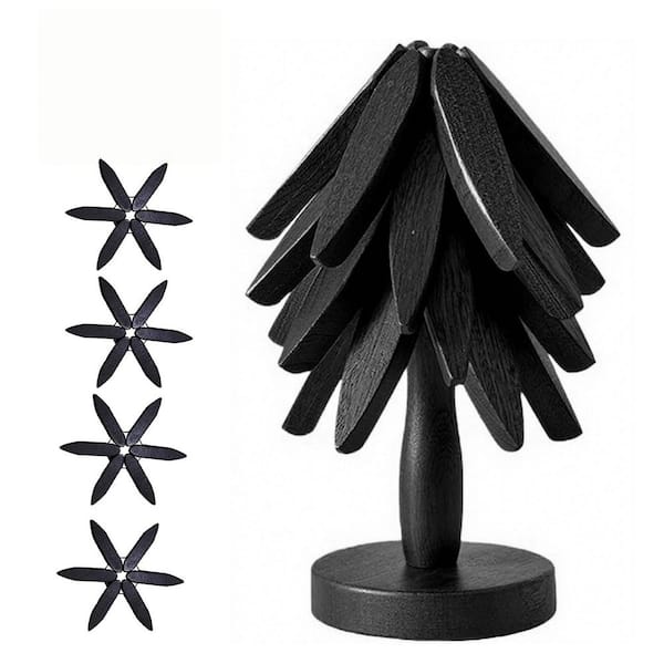 Black Wood Foldable Tree Shape Trivet 4 Walnut Wood Trivet and 1 Stand stored for Hot Dishes Pot Bowl Teapot (Set of 1)