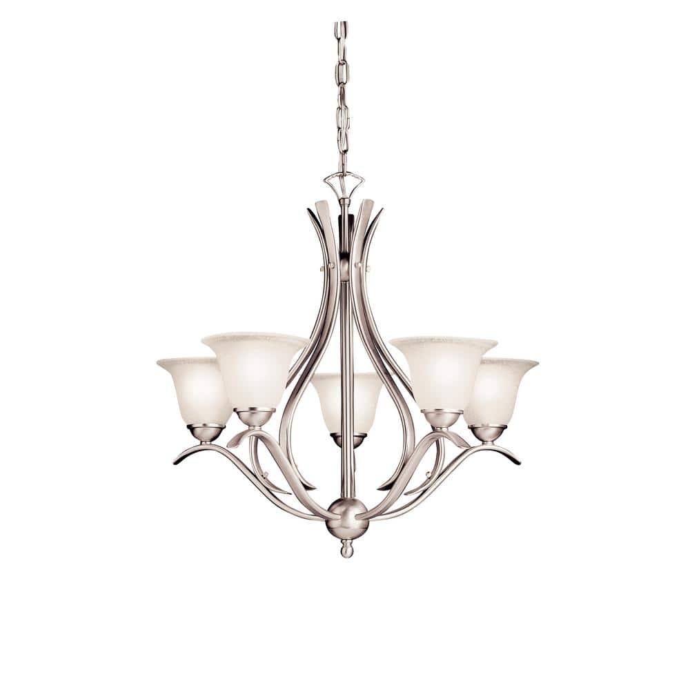 KICHLER Dover 5-Light Brushed Nickel Transitional Dining Room Chandelier  with White Etched Glass Shade 2020NI