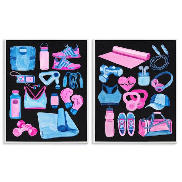 Exercise Gear Pink and Blue by Melissa Wang 2 Pieces White Framed Sports Giclee Art Print 30 in. x 24 in.