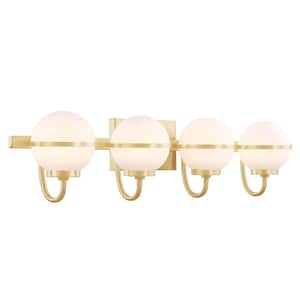 32 in. 4-Light Warm Brass Vanity Light with White Glass Shade