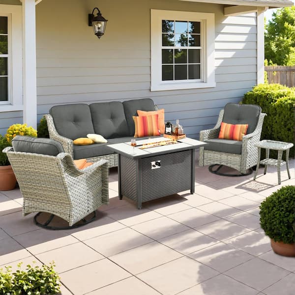 HOOOWOOO Verona 5-Piece Wicker Outdoor Patio Conversation Sofa Seating Furniture Set with a Metal Fire Pit and Black Cushions