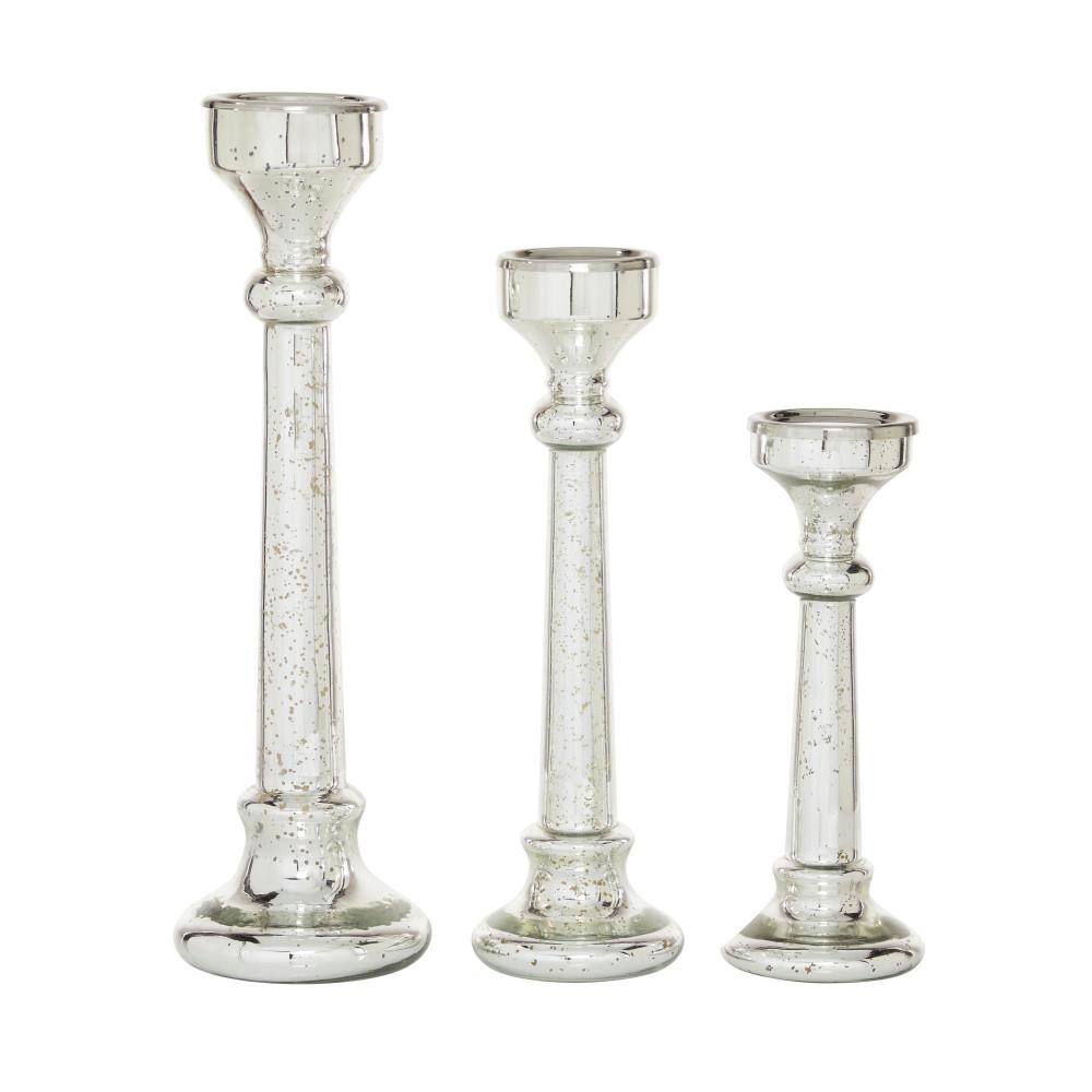 Elegant Silver Glass Tapered Candlestick Trio, 12"-19"H