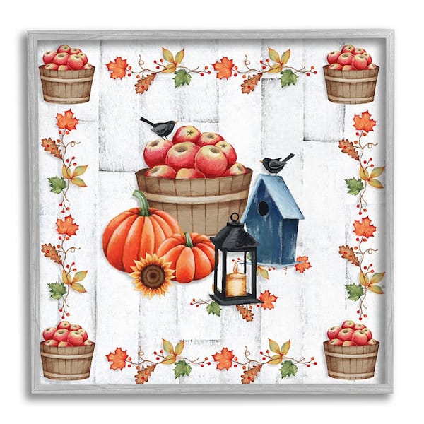 Stupell Industries Autumnal Apples and Lantern by Emma Leach 1 Piece Framed Graphic Print Nature Poster Art Print 12 in. x 12 in.
